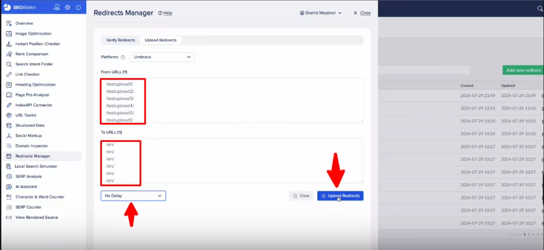 Adding URLs to “Upload Redirects”